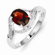 Sterling Silver w/Rhodium Garnet & Diamond Ring