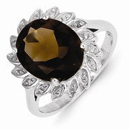 Sterling Silver w/Rhodium Smokey Quartz & Diamond Ring