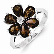 Sterling Silver w/Rhodium Smokey Quartz & Diamond Flower Ring