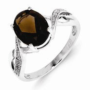 Sterling Silver w/Rhodium Smokey Quartz & Diamond Ring