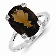 Sterling Silver w/Rhodium Smokey Quartz & Diamond Ring