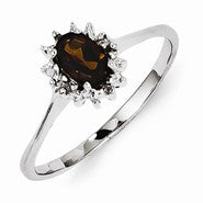 Sterling Silver w/Rhodium Smokey Quartz Diamond Ring