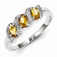 Sterling Silver w/Rhodium Citrine & Diamond Ring