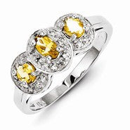 Sterling Silver w/Rhodium Citrine & Diamond Ring