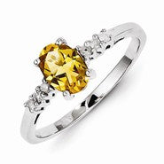 Sterling Silver w/Rhodium Citrine & Diamond Ring