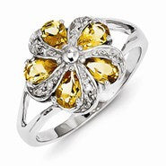 Sterling Silver w/Rhodium Citrine Diamond Ring