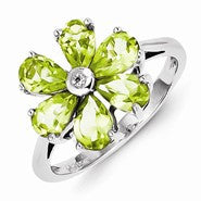 Sterling Silver w/Rhodium Peridot & Diamond Flower Ring