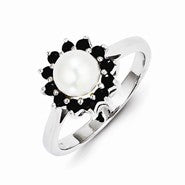 Sterling Silver w/Rhodium 6mm FW Cult Button Pearl & Sapphire Ring