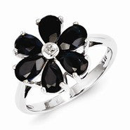 Sterling Silver w/Rhodium Dark Sapphire & Diamond Flower Ring