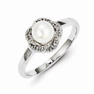 Sterling Silver w/Rhodium 6mm FW Cult Button Pearl & Diamond Ring