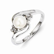 Sterling Silver w/Rhodium 6mm FW Cult Button Pearl & Diamond Ring