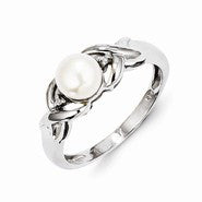 Sterling Silver w/Rhodium FW Cultured Button Pearl & Diamond Ring