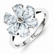 Sterling Silver w/Rhodium Aqua & Diamond Flower Ring