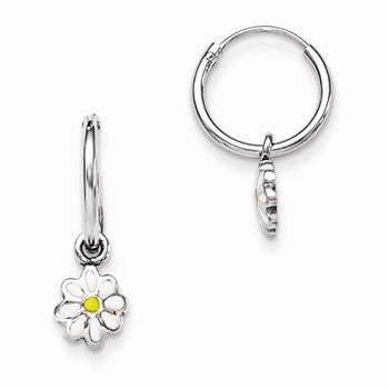 Sterling Silver RH Plated Childs Enameled Daisy Hinged Hoop Earrings