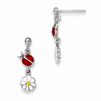 Sterling Silver RH Plated Childs Enameled Ladybug Daisy Earrings