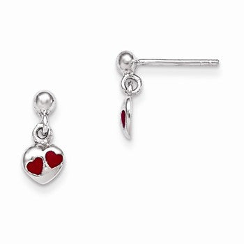 Sterling Silver RH Plated Childs Red Enameled Heart Dangle Earrings