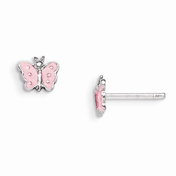 Sterling Silver RH Plated Childs Pink Enameled Butterfly Earrings