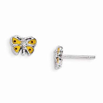 Sterling Silver RH Plated Childs Yellow Enameled Butterfly Earrings