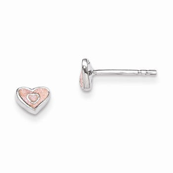 Sterling Silver RH Plated Childs Pink Glittered Enamel Heart Earrings