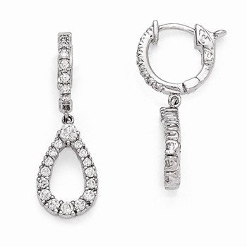 Sterling Silver Rhodium Plated CZ Hinged Hoop Dangle Teadrop Earrings