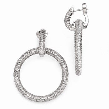 Sterling Silver Rhodium Plated CZ Hinged Hoop Dangle Earrings