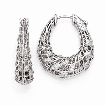 Sterling Silver Rhodium Plated CZ Small Oval Hinged Hoop Earrings