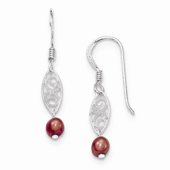 Sterling Silver Red Freshwater Cultured Pearl Filigree Dangle Earrings