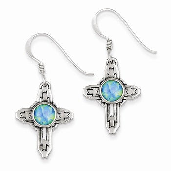 Sterling Silver Antiqued Created Opal Cross Earrings