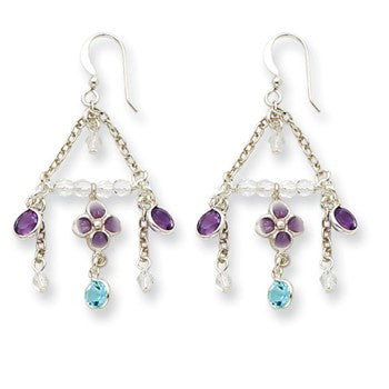 Sterling Silver Blue Purple CZ/Crystal/Enameled Flower Earrings