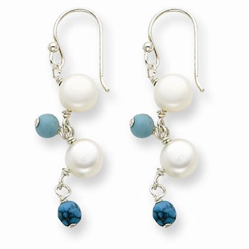 Sterling Silver Freshwater CulturedButton Pearl/Magnesite /Turquoise Earrings