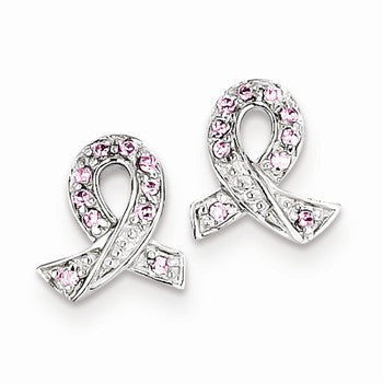 Sterling Silver Pink CZ Ribbon Earrings