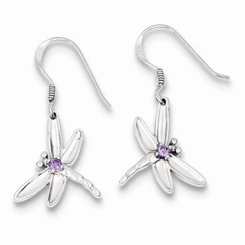 Sterling Silver Purple CZ Dragonfly Earrings