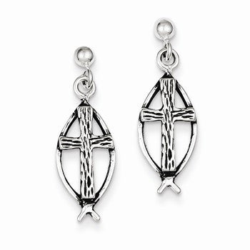 Sterling Silver Ichthus (fish) Cross Earrings