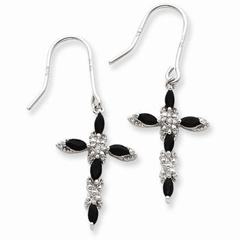 Sterling Silver Black Clear CZ Cross Earrings