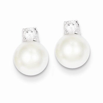 Sterling Silver CZ Simulated Pearl Post Earrings