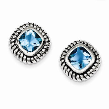 Sterling Silver Antiqued Blue Glass Post Earrings