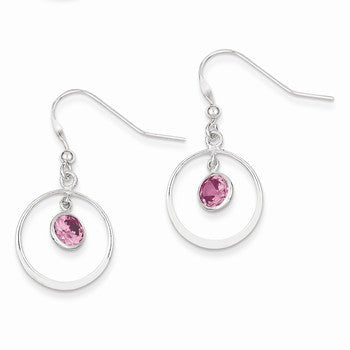 Sterling Silver Circle Dangle Pink CZ Earrings