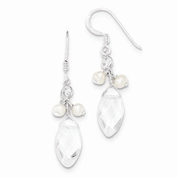 Sterling Silver Freshwater Cultured Pearl/Rock Quartz/CZ Earrings