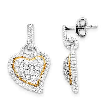 Sterling Silver Two-Tone CZ Heart Earrings