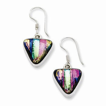 Sterling Silver Multicolor Dichroic Glass Triangle Shaped Dangle Earrings