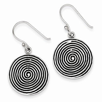 Sterling Silver Antiqued, Polished Textured Circle Dangle Earrings