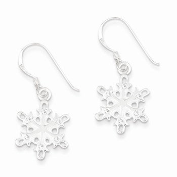 Sterling Silver Polished Satin CZ Snowflake Dangle Earrings