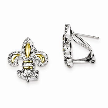 Sterling Silver Vermeil Fleur de Lis CZ Omega Back Earrings