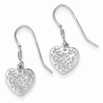 Sterling Silver Polished Filigree Heart Dangle Earrings