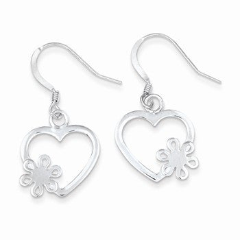 Sterling Silver Polished Flower Heart Dangle Earrings