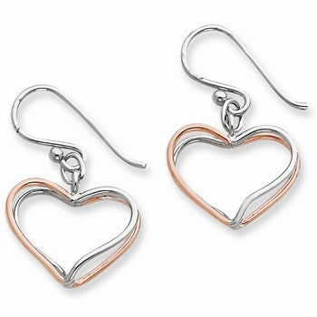 Sterling Silver Rose Vermeil Double Wire Heart Dangle Earrings