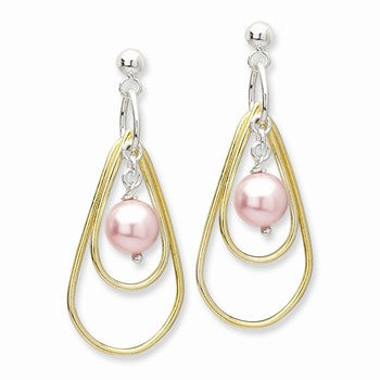 Sterling Silver Vermeil Simulated Pink Pearl Dangle Post Earrings