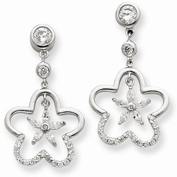 Sterling Silver CZ Flower Dangle Post Earrings