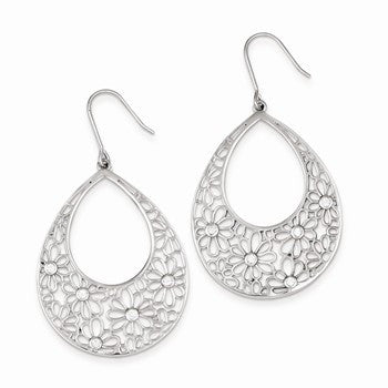 Sterling Silver Flower Cut Out w/ CZ Teardrop Dangle Earrings