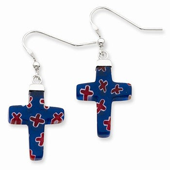 Sterling Silver Blue Red Glass Polished Cross Dangle Earrings